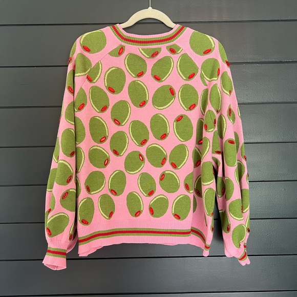 QUEEN OF SPARKLES Pink and Green Olive Cardigan Sweater V-Neck - Picture 2 of 6